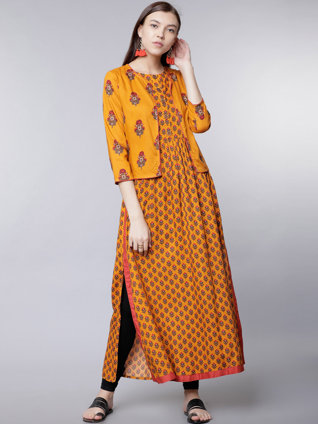 Vishudh Women Mustard Yellow Printed A-Line Kurta with Jacket