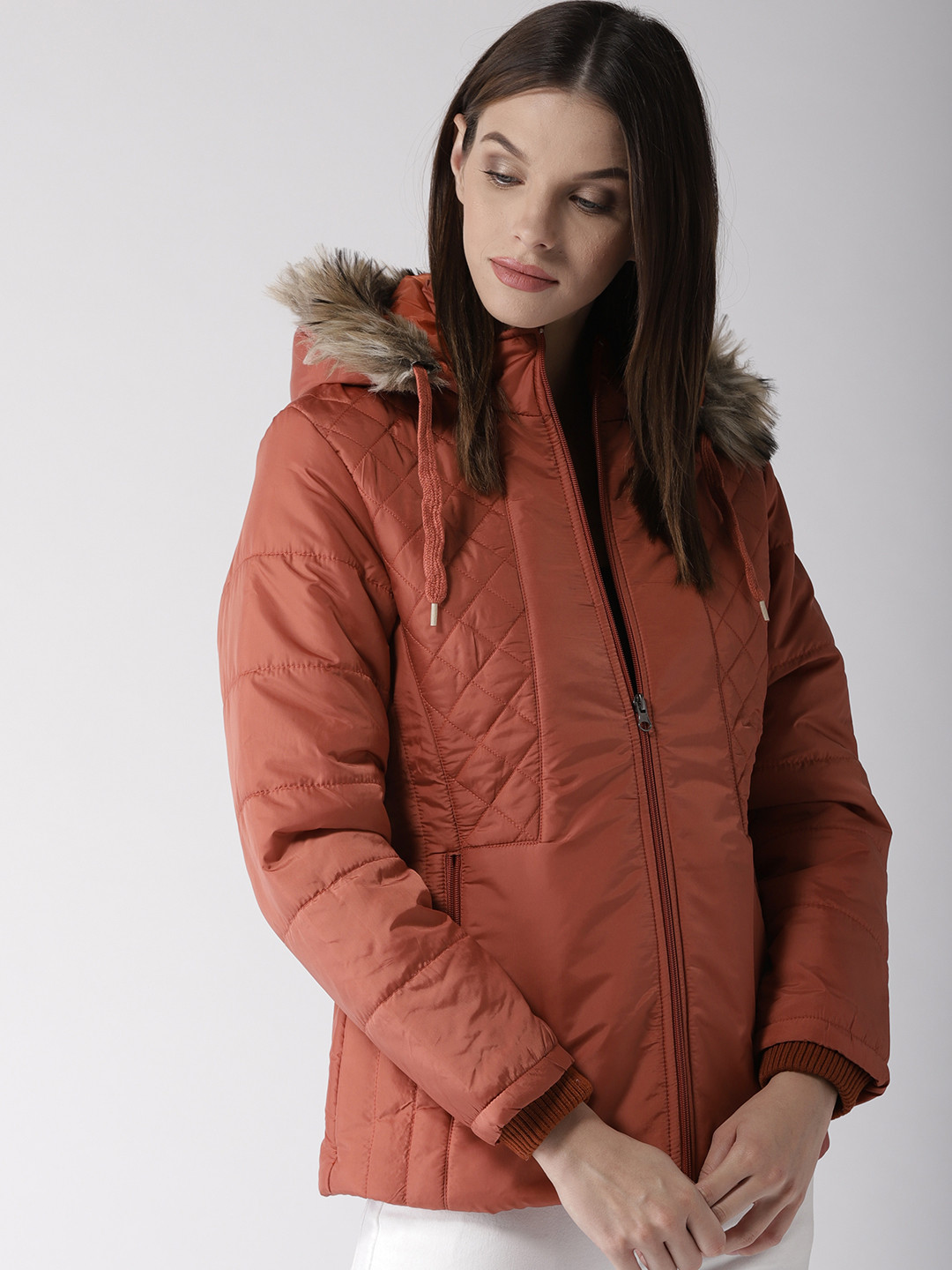 Women Rust Orange Solid Parka Jacket 