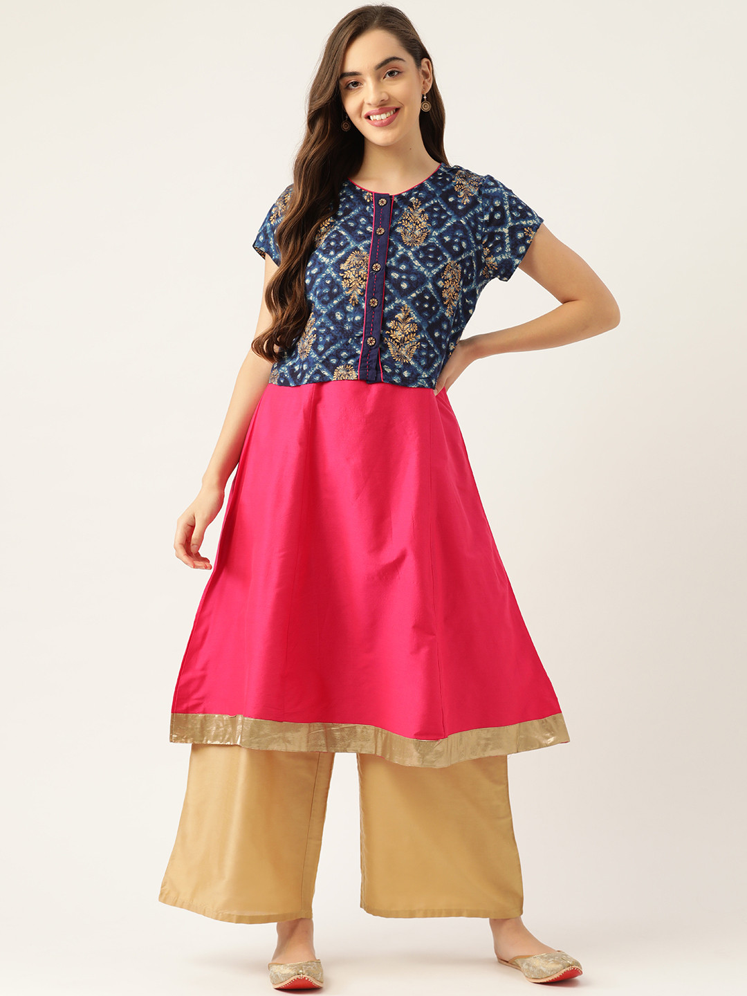 RANGMANCH BY PANTALOONS Women Pink Solid A-Line Kurta with Blue Printed Layer