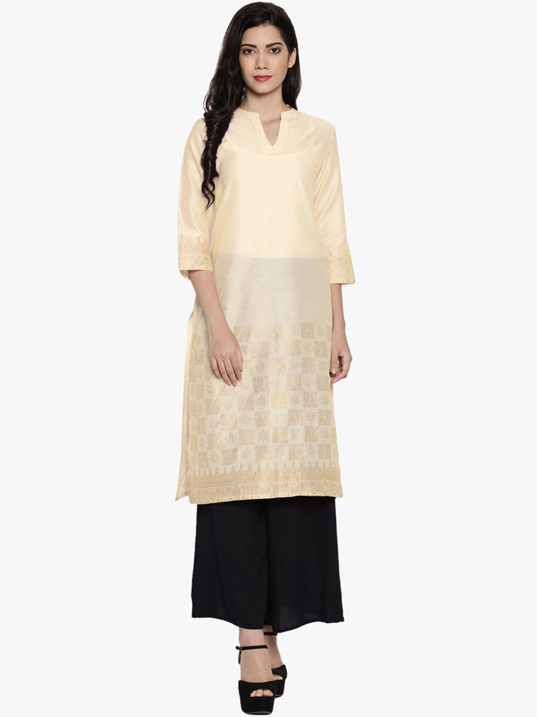 RANGMANCH BY PANTALOONS Women Off White & Golden Paradise Fit  Printed Straight Kurta