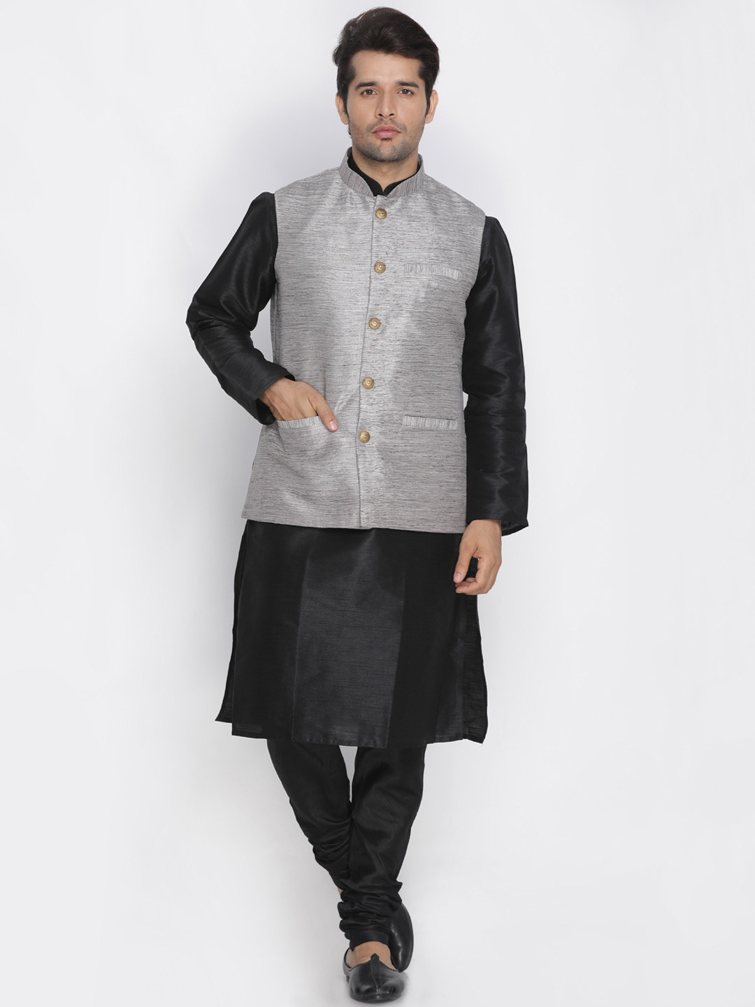 black kurta with modi jacket