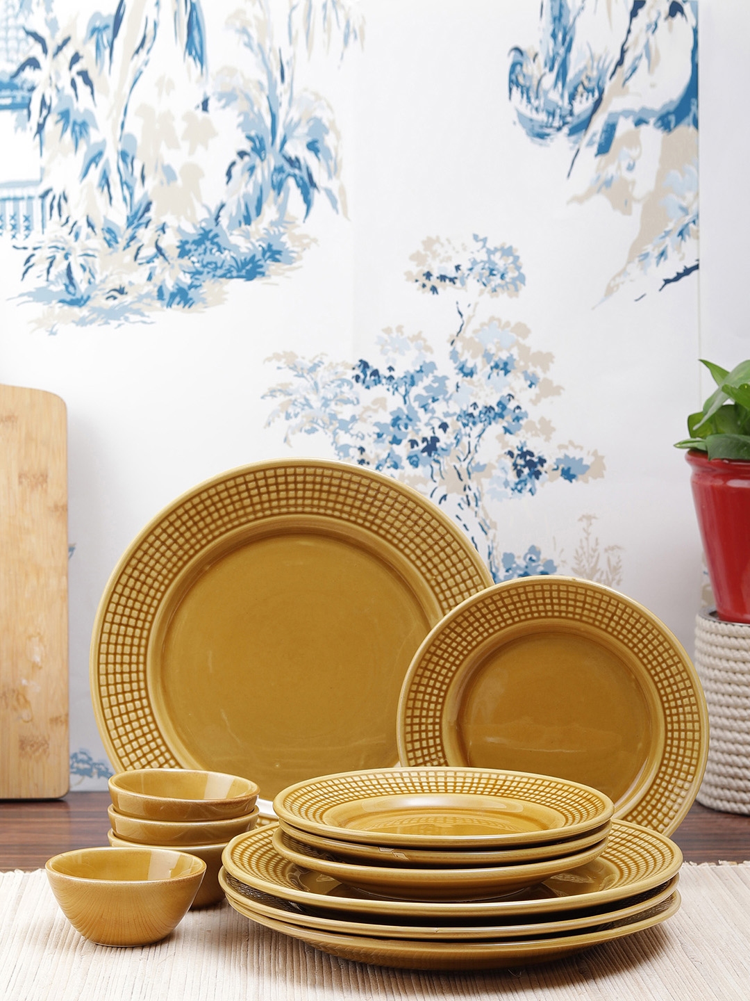 VarEesha Set of 8 Gold Toned Mustard Yellow Printed Ceramic Dinner Plates Bowls