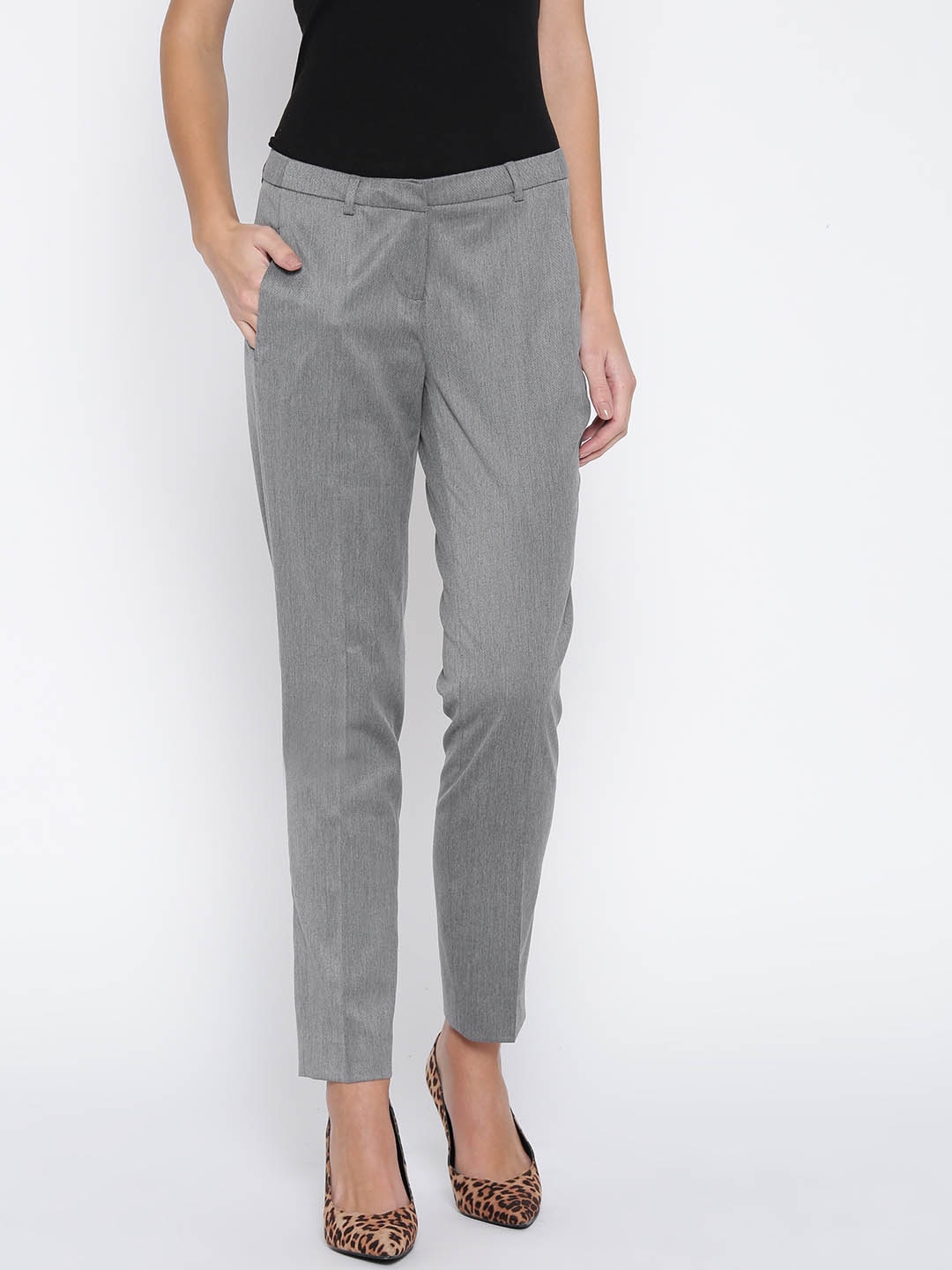 HPNS MART  Wills Lifestyle Women Charcoal Grey Slim Fit Solid Formal  Trousers