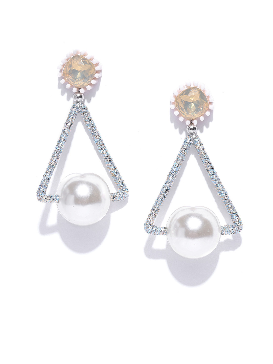 PRITA BY PRIYAASI Silver-Toned & Off-White Handcrafted Geometric Drop Earrings