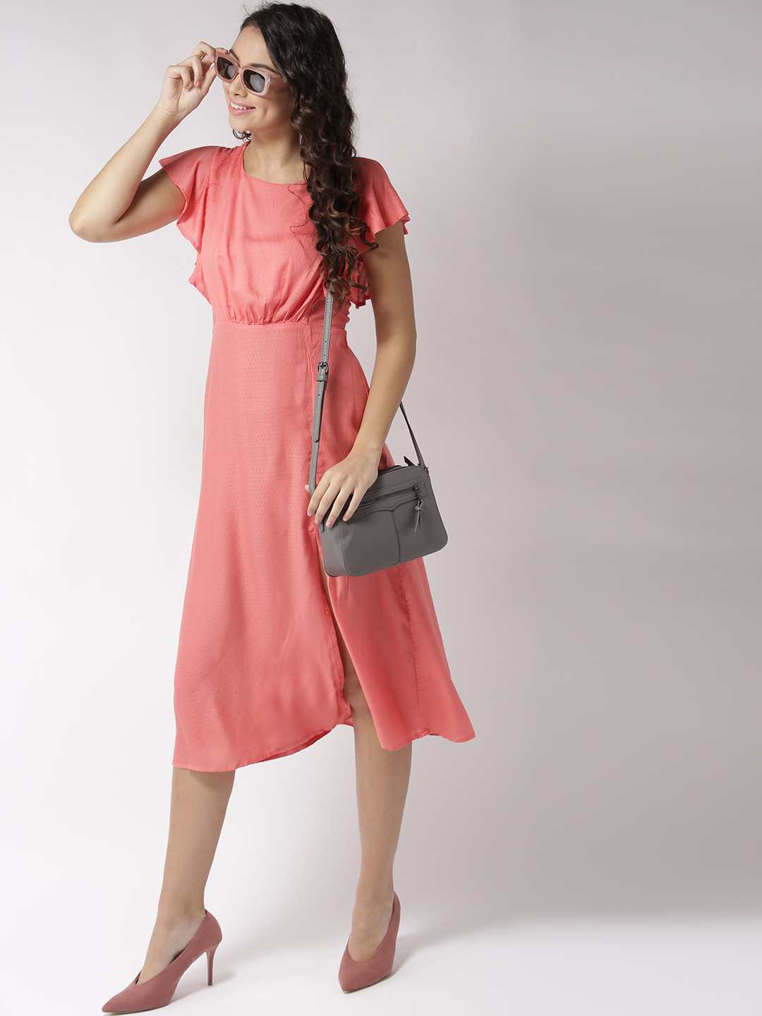 Sera Women Coral Pink Solid Empire Dress