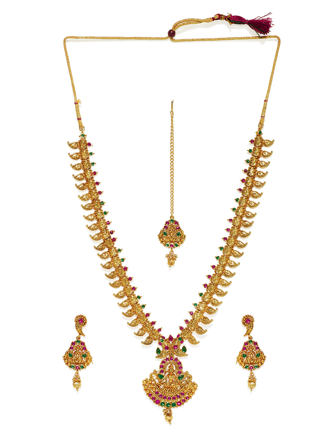 Zaveri Pearls Women Gold-Plated and Pink Temple Design Jewellery Set