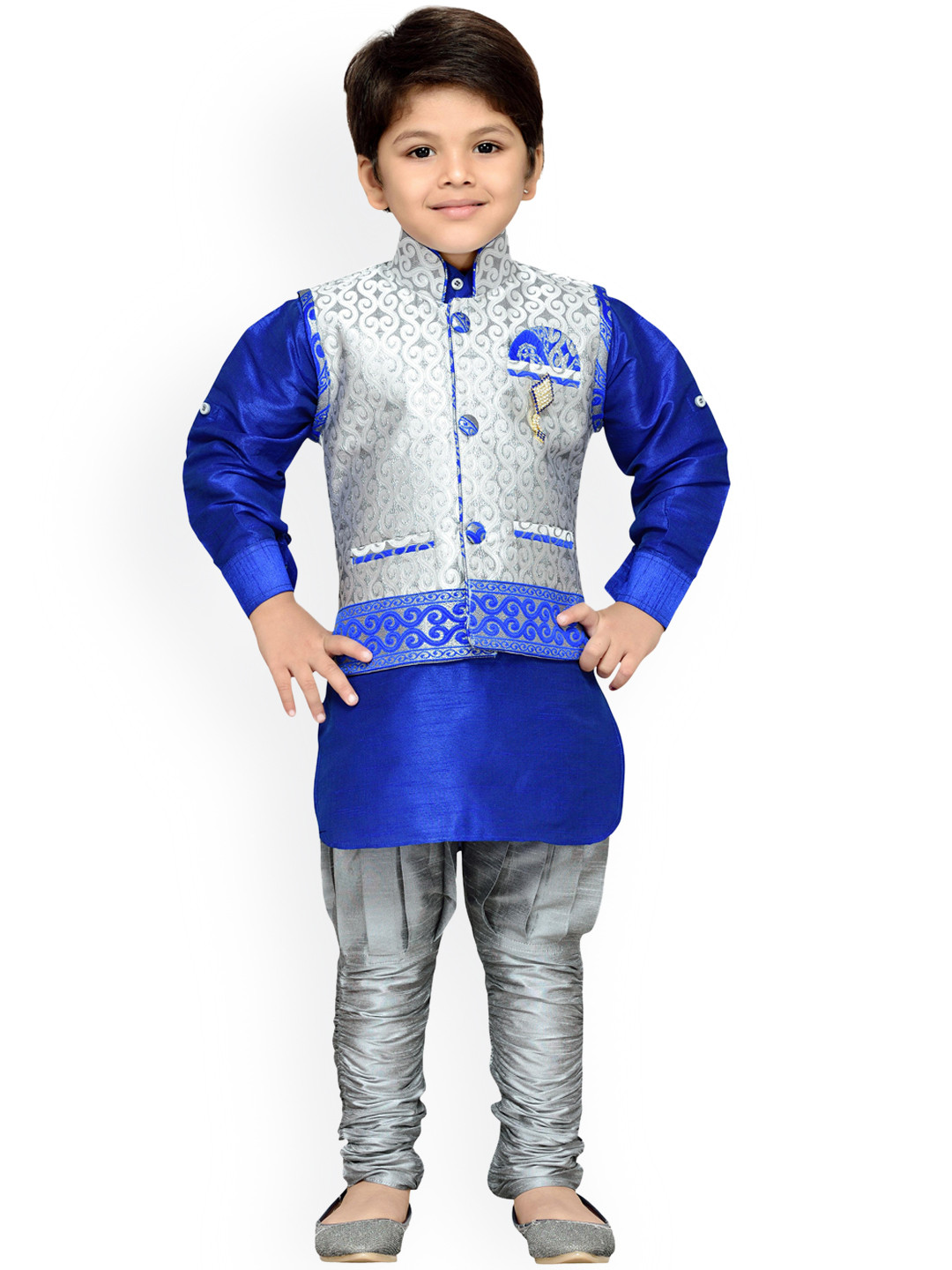 Aj DEZInES Boys Grey & Navy Blue Solid Kurta with Churidar