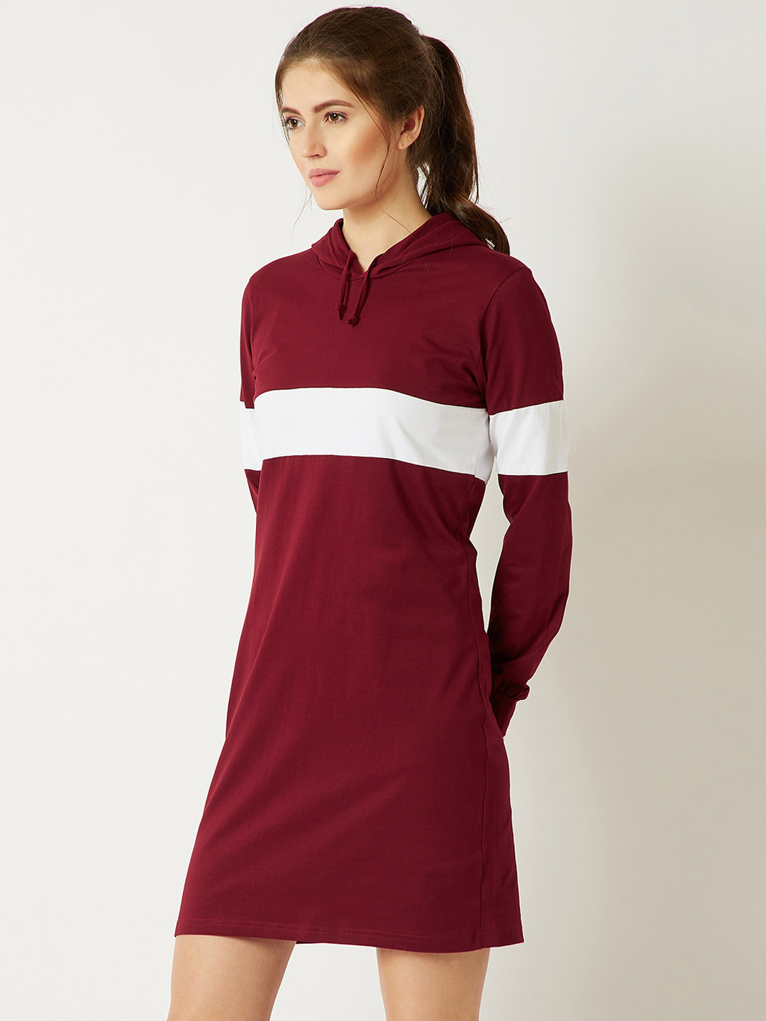 Miss Chase Women Maroon Colourblocked Hooded T-shirt Dress