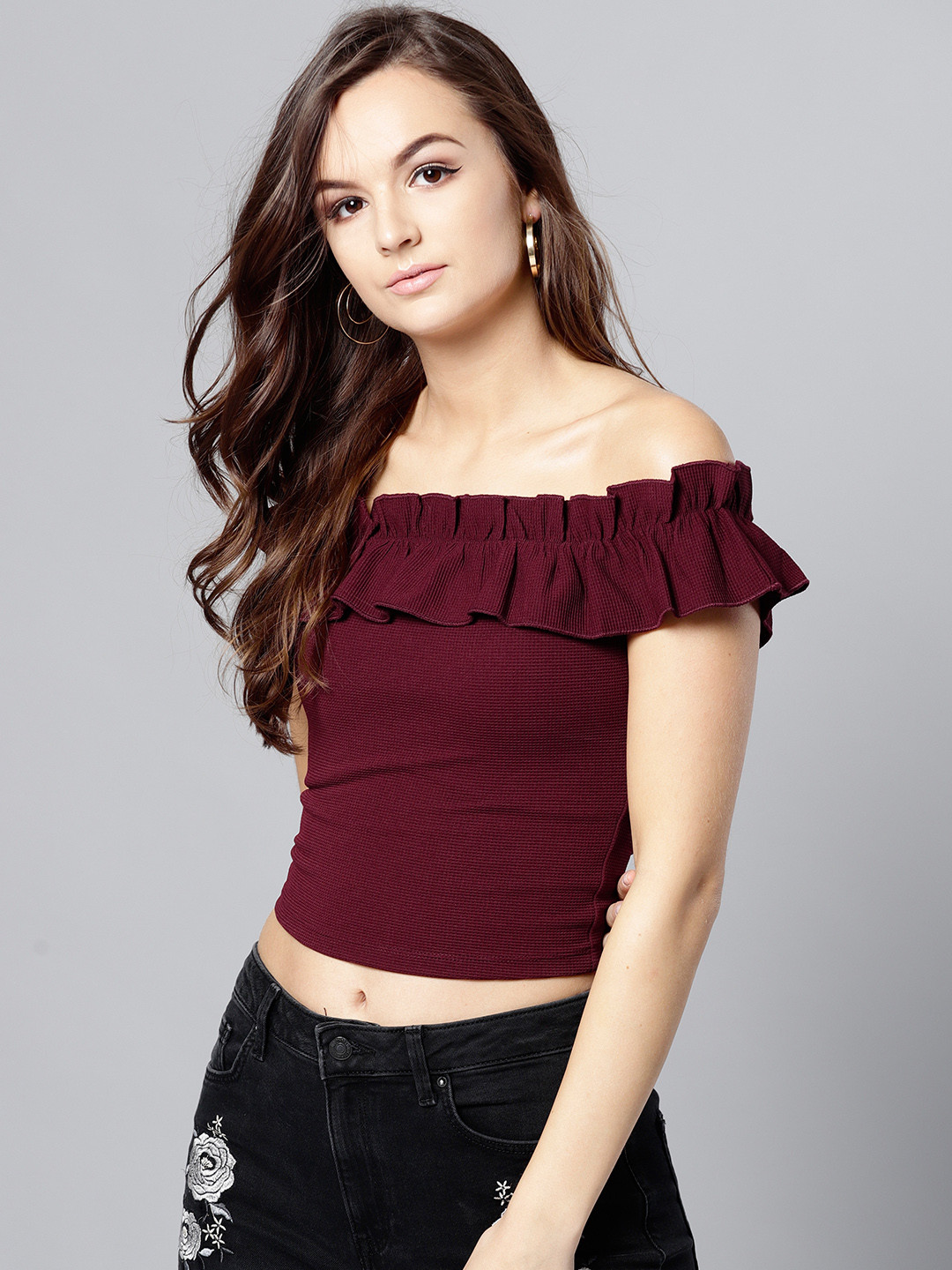 Veni Vidi Vici Burgundy Ruffled Crop Bardot Top