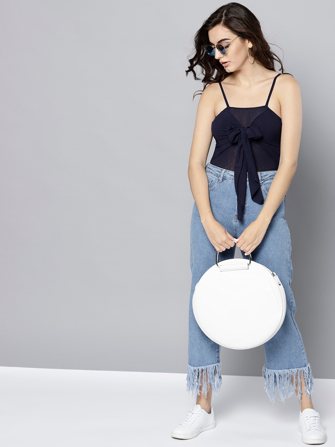 Veni Vidi Vici Women Navy Blue Solid Semi Sheer Cropped Fitted Top