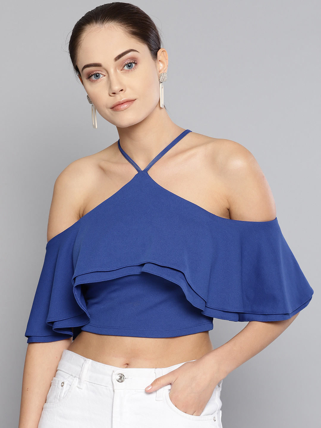 Veni Vidi Vici Women Blue Solid Cape Crop Top