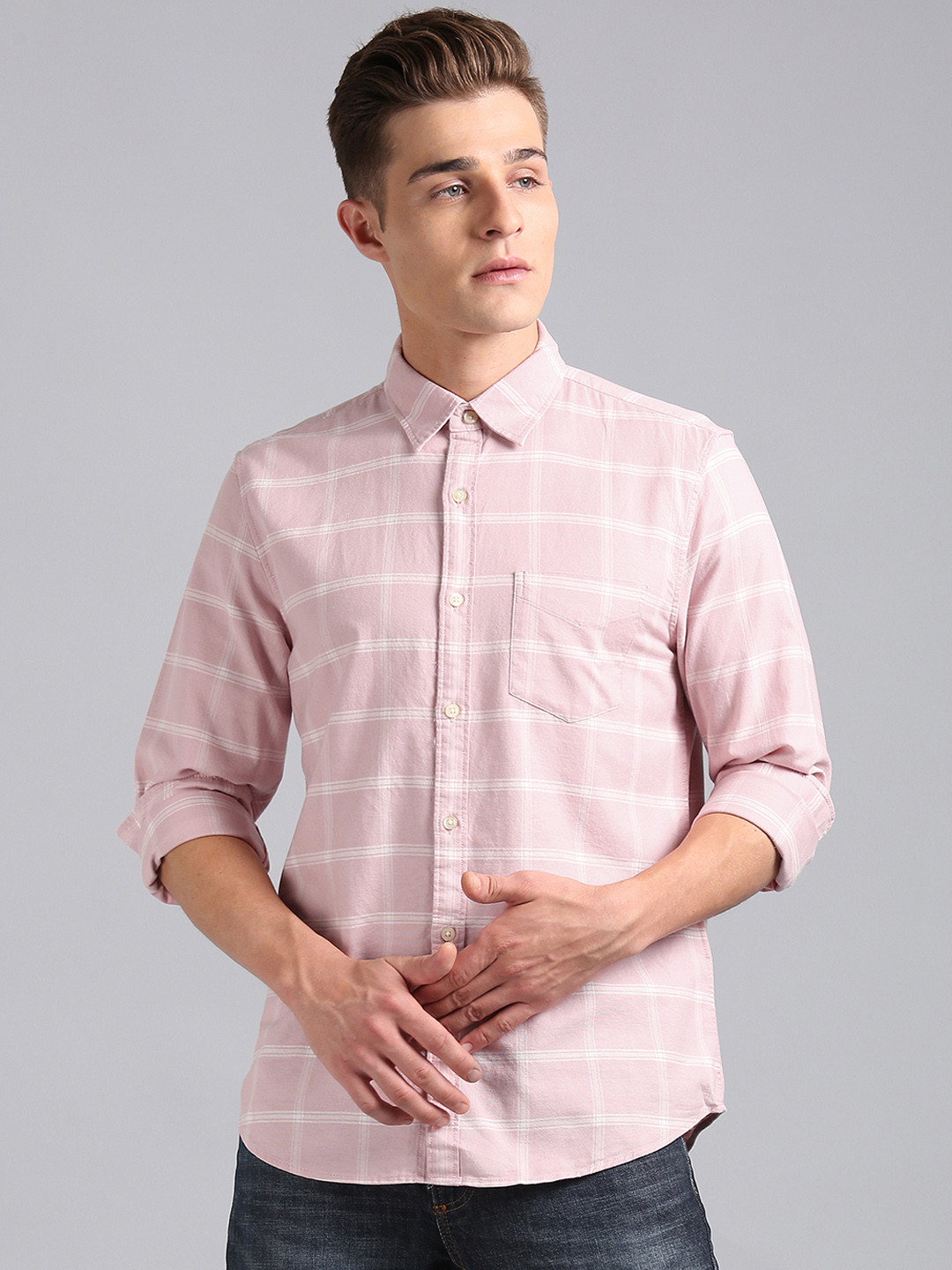 Buy Gap Men Pink Slim Fit Checked Stretch Oxford Shirt Shirts