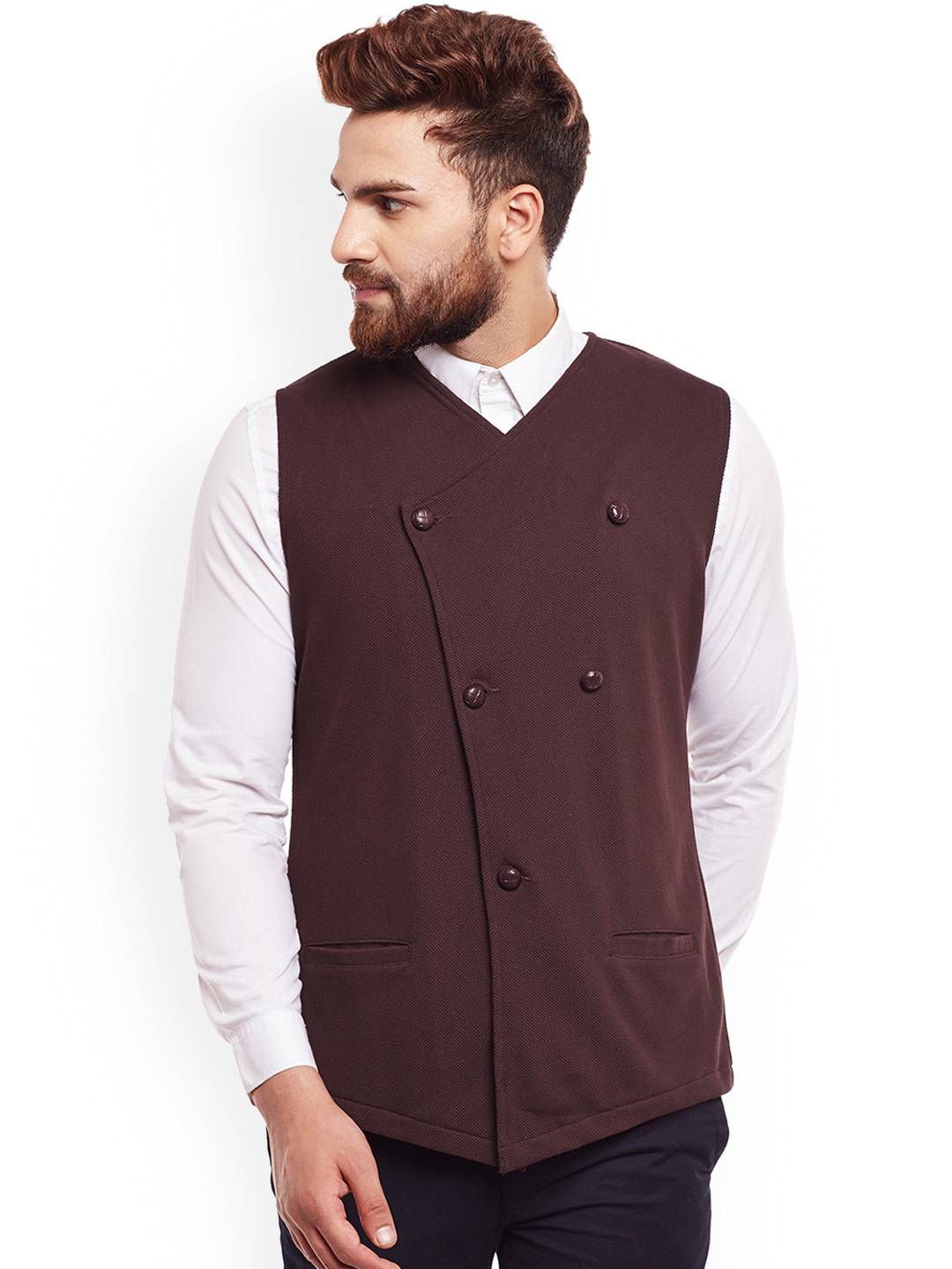 Hypernation Men Brown Double-Breasted Waistcoat