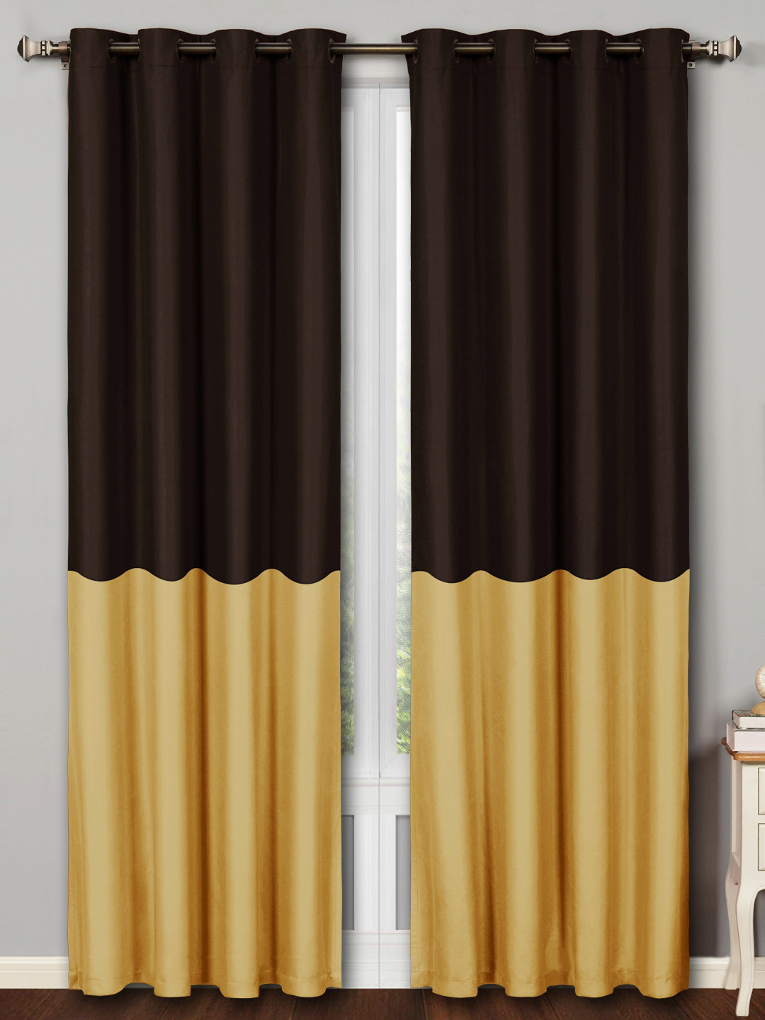 Story@home Brown & Gold-Toned Set of 2 Faux Silk 300GSM Room Darkening Blackout Door Curtains