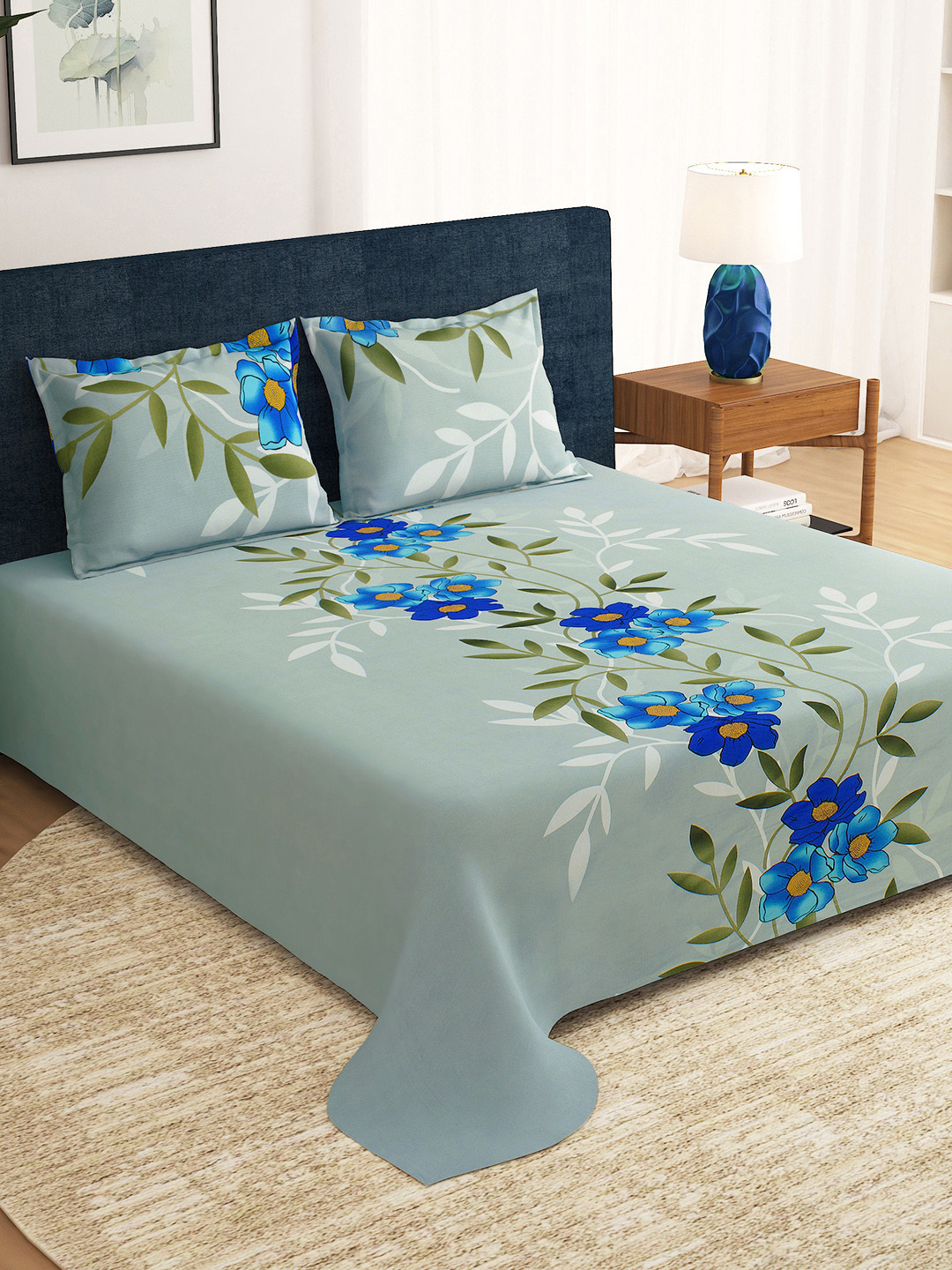 Story@home Grey Blue Floral Flat 210 TC 1 King Bedsheet with 2 Pillow Covers