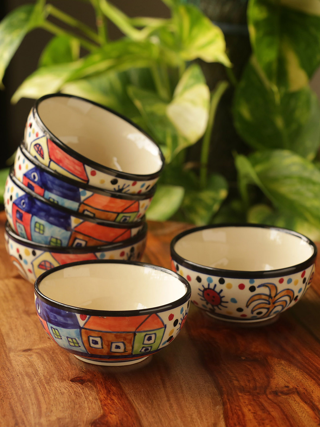 ExclusiveLane Multicoloured Set Of 6 Serving Hut Goblet Hand-Painted Ceramic Serving Bowls