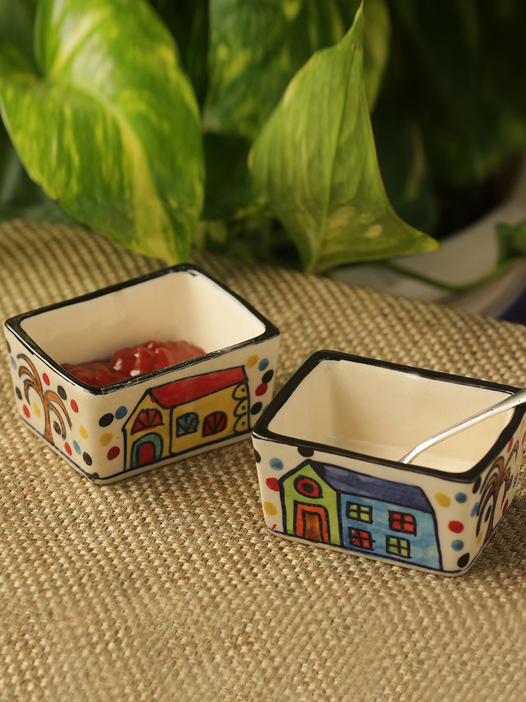 ExclusiveLane Set Of 2 Dips Of Hut Hand-Painted Ceramic Chutney  Pickle Bowls