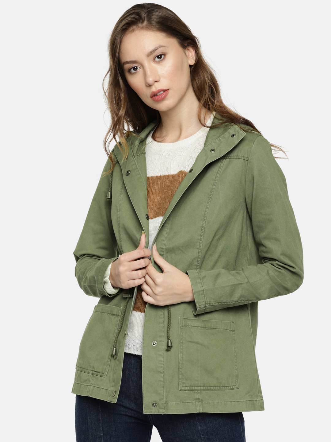 Olive green hooded jacket women's clearance