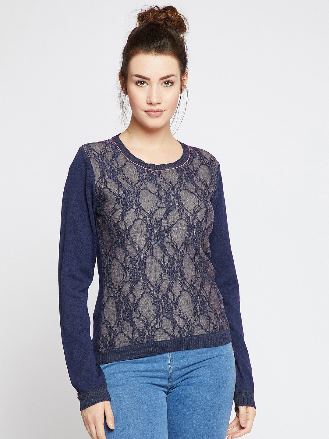 RARE Women Navy Blue Self Design Sweatshirt