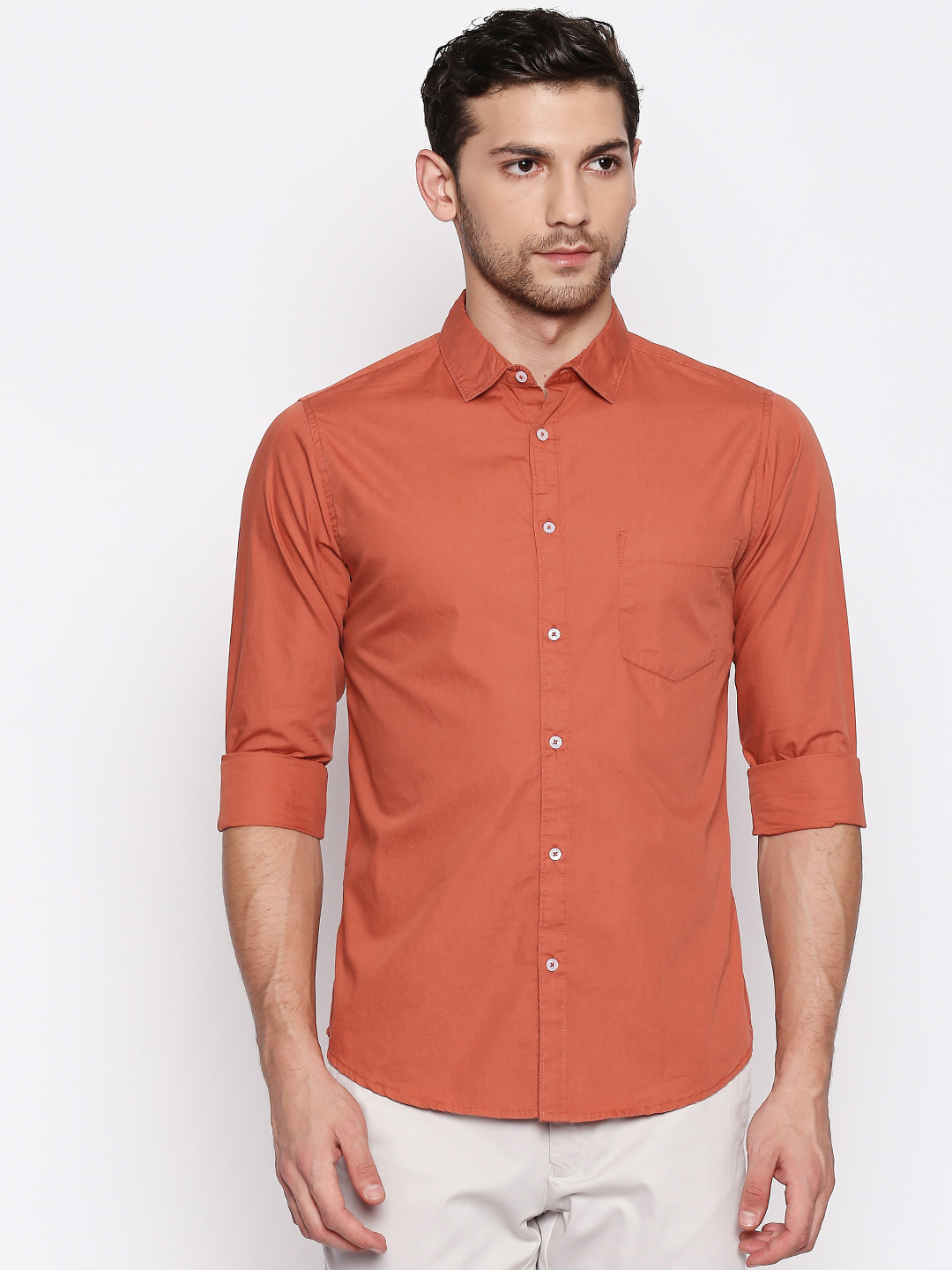 Dennis Lingo Men Orange Slim Fit Solid Casual Shirt
