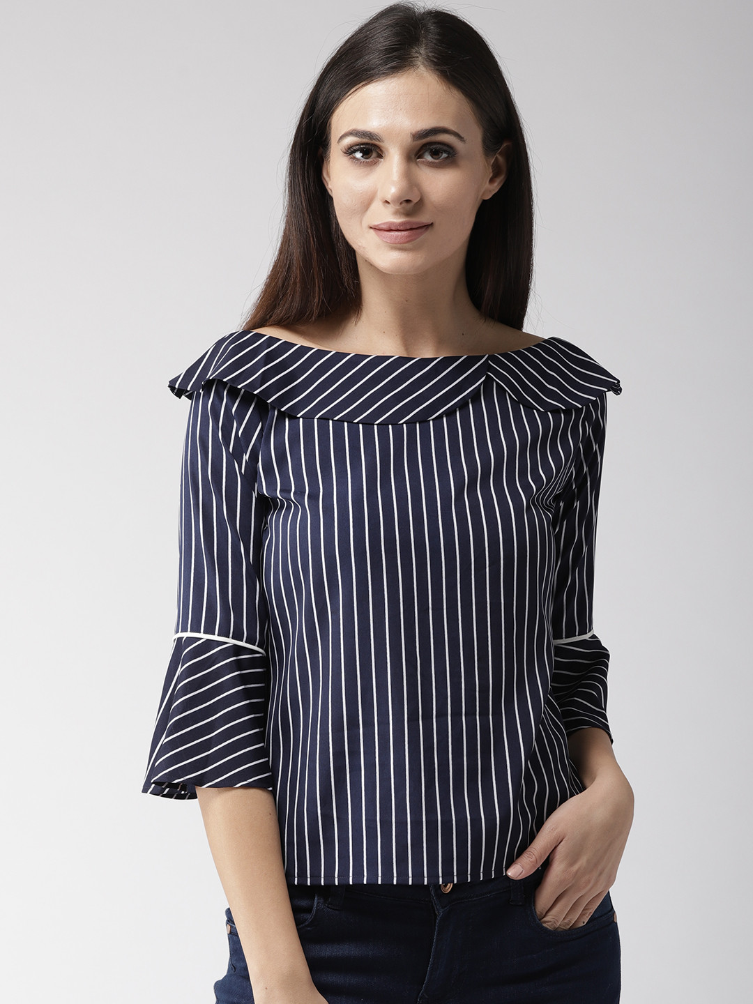 Style Quotient Women Navy Blue & White Striped Top