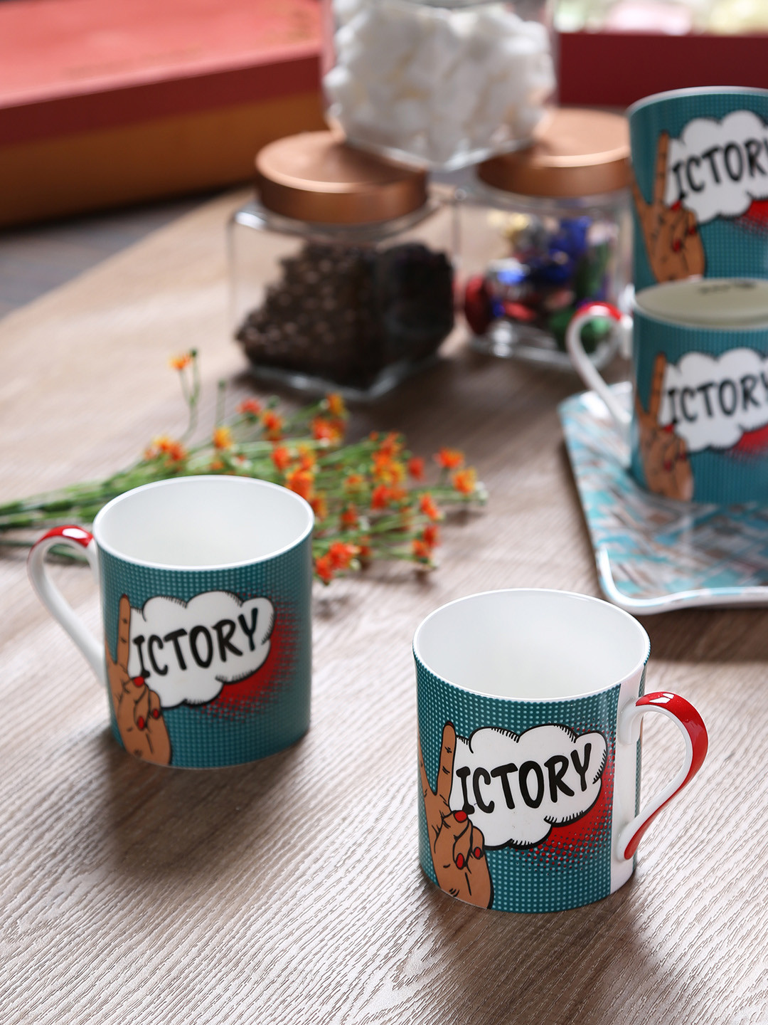 GOODHOMES Water Melon Multicoloured Typography Bone China Handmade 4 Piece Mugs-350ml