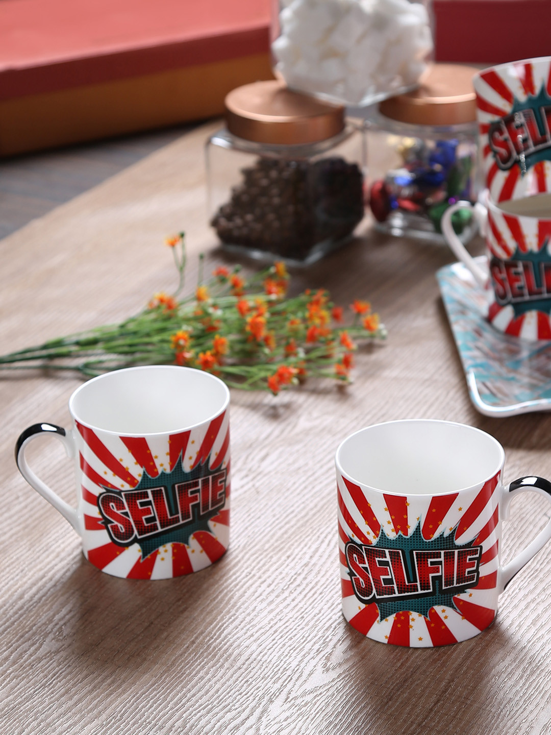 GOODHOMES White & Red 4-Pieces Printed Bone China Cups Set