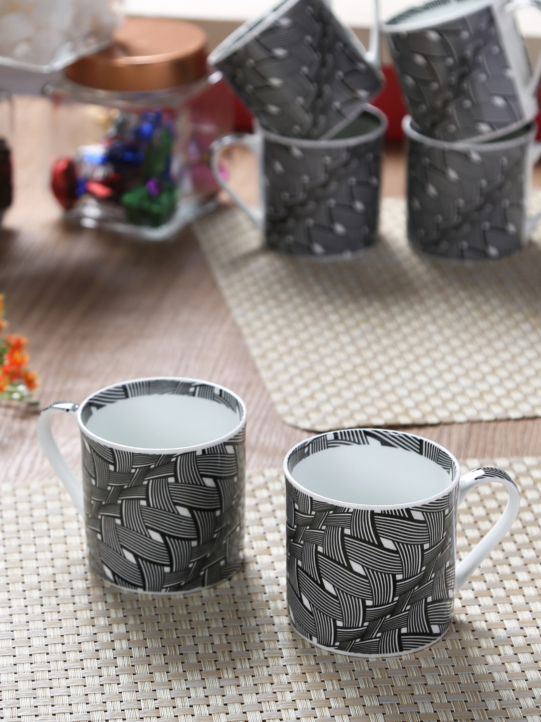 GOODHOMES White & Black 6-Pieces Printed Bone China Cups Set