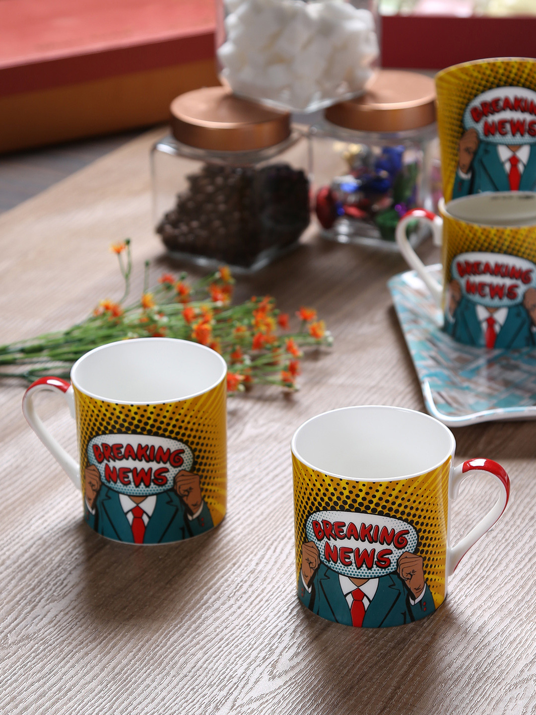 GOODHOMES Multicoloured Typography Bone China Microwave Safe 4 Piece Mugs-350ml