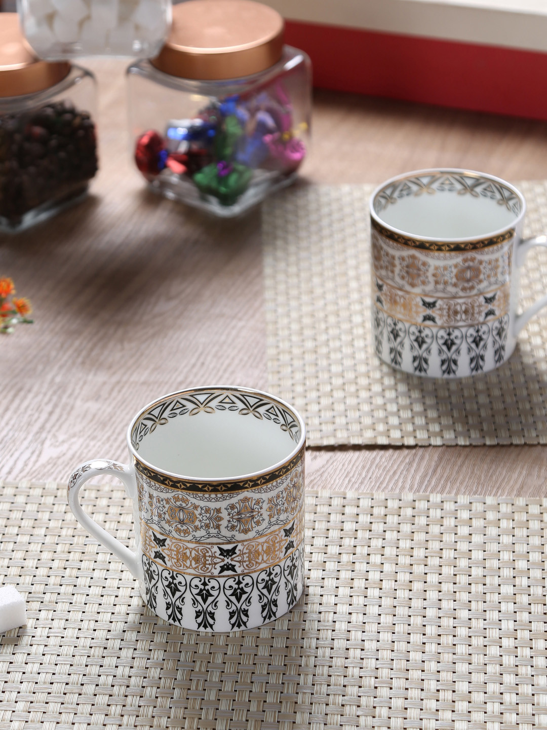 GOODHOMES Abstract Wavy White Ethnic Motifs Bone China Microwave Safe 2 Piece Mugs-350ml