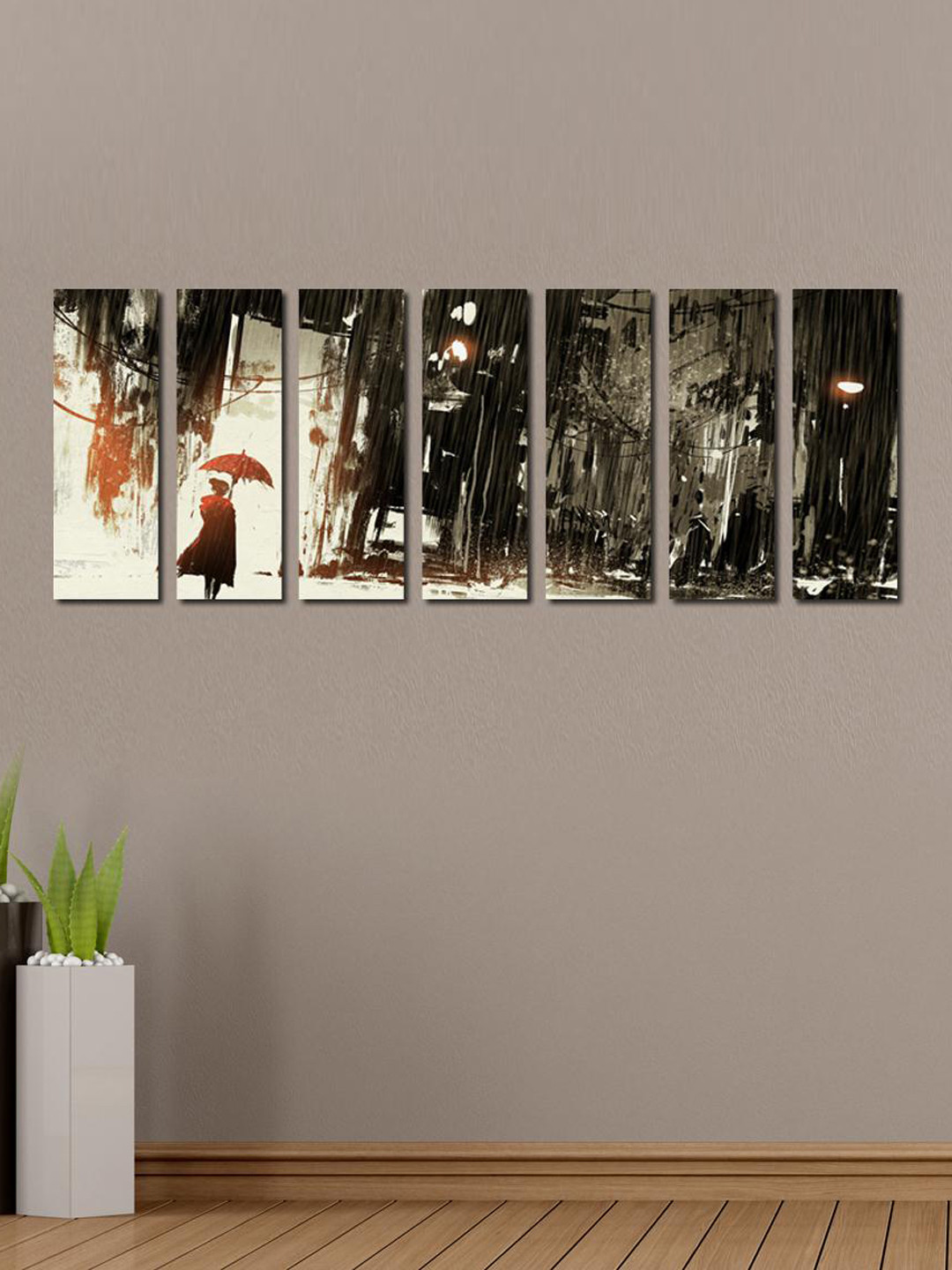 999Store White & Grey 7-Panel Lonely Woman with Umbrella Wall Art