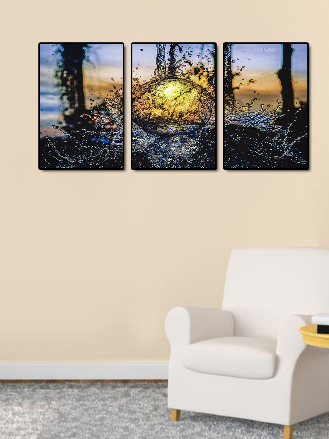 999Store Set Of 3 Grey & Yellow Waterdrop Painting Wall Art