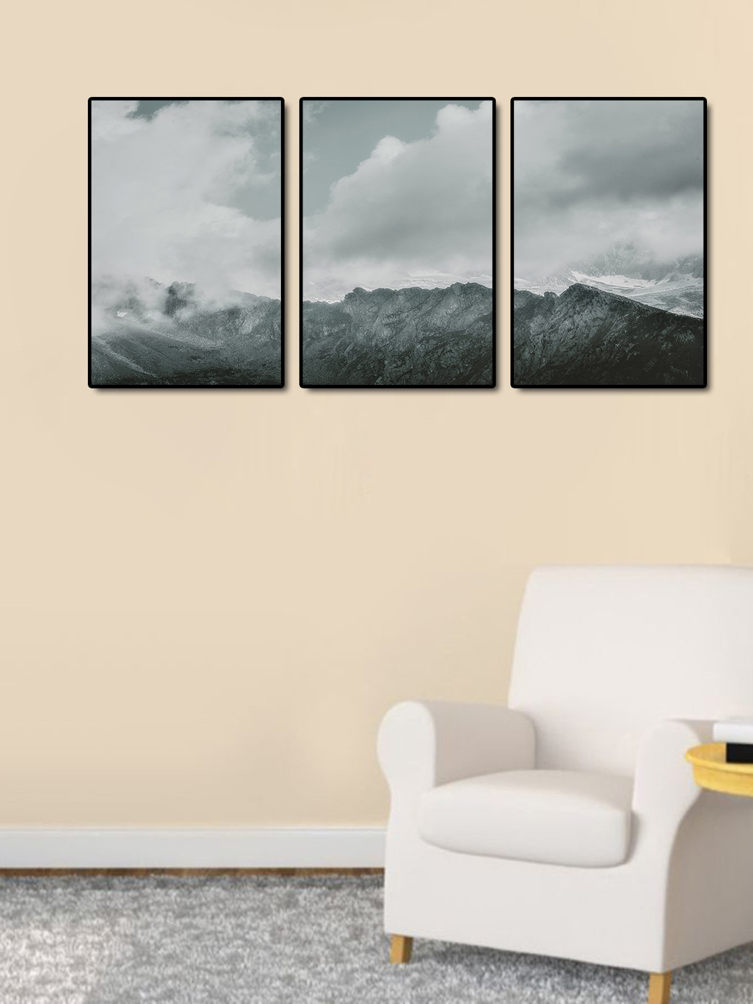 Set of 3 Black  and Grey Mountain and Clouds Wall Art