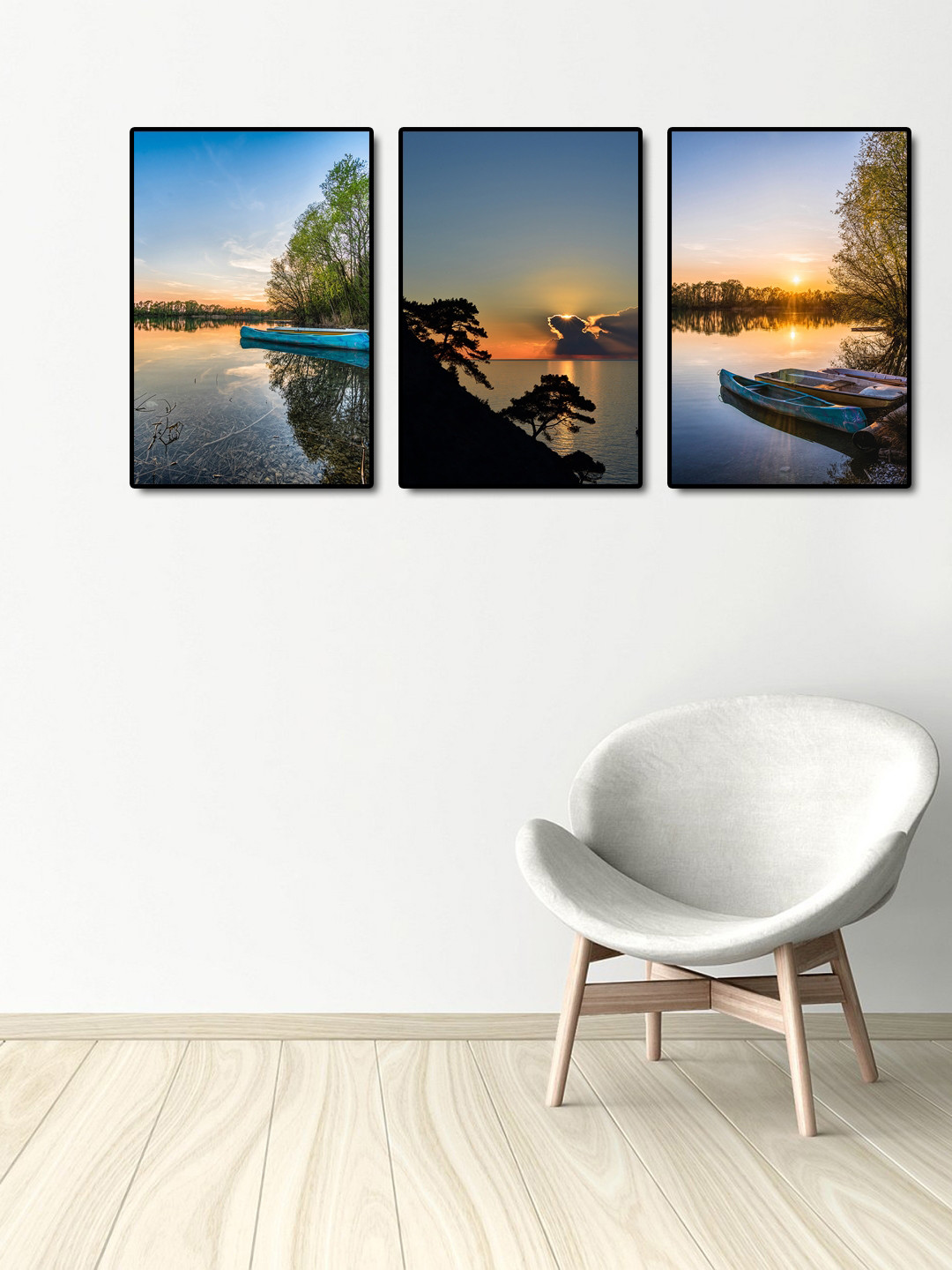 999Store Multicoloured 3-Panel Sunset Boat Wall Art