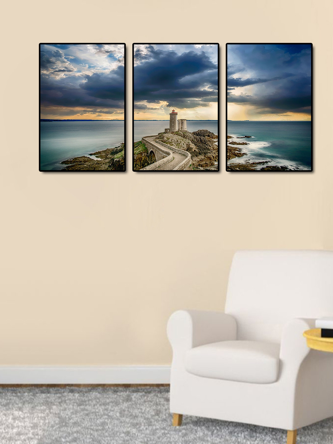 999Store Brown & Blue 3-Panel Sea Tower Wall Art