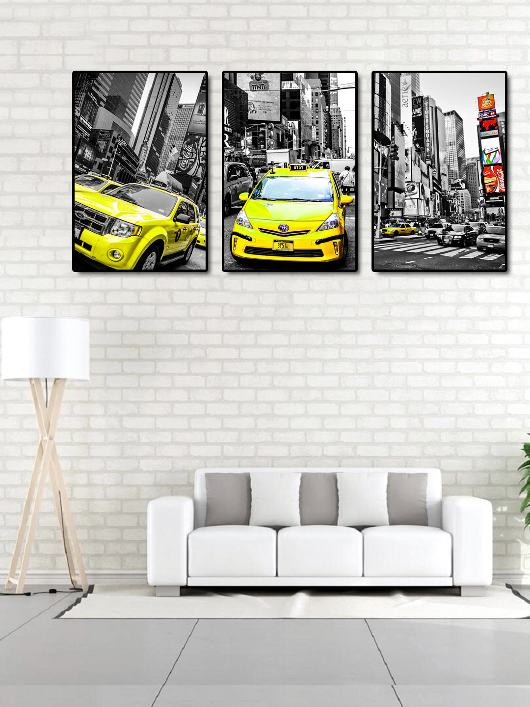 999Store Set of 3 Grey & Yellow Taxi On Streets Wall Art