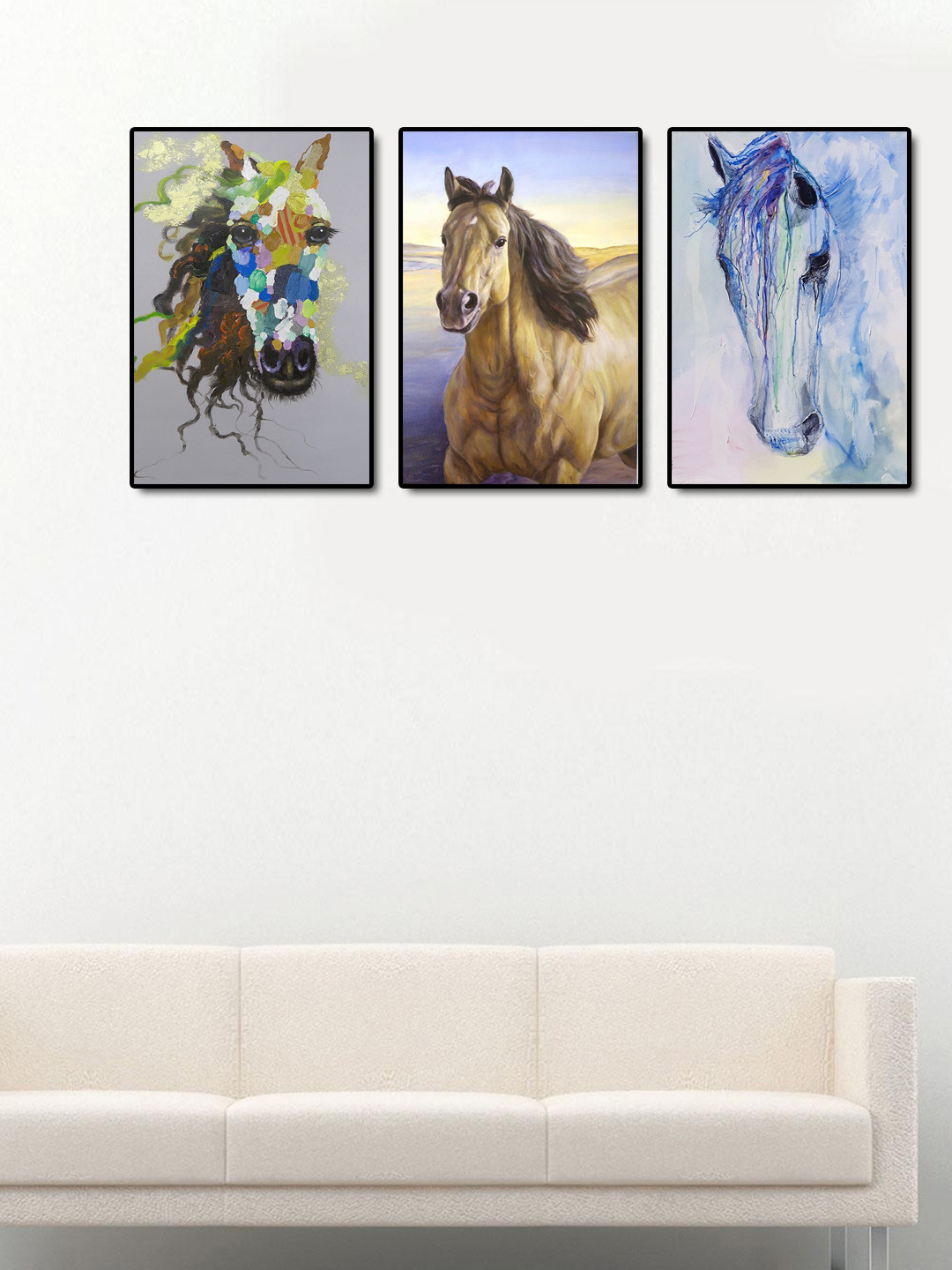 Set of 3 Blue and Brown Horse Wall Art