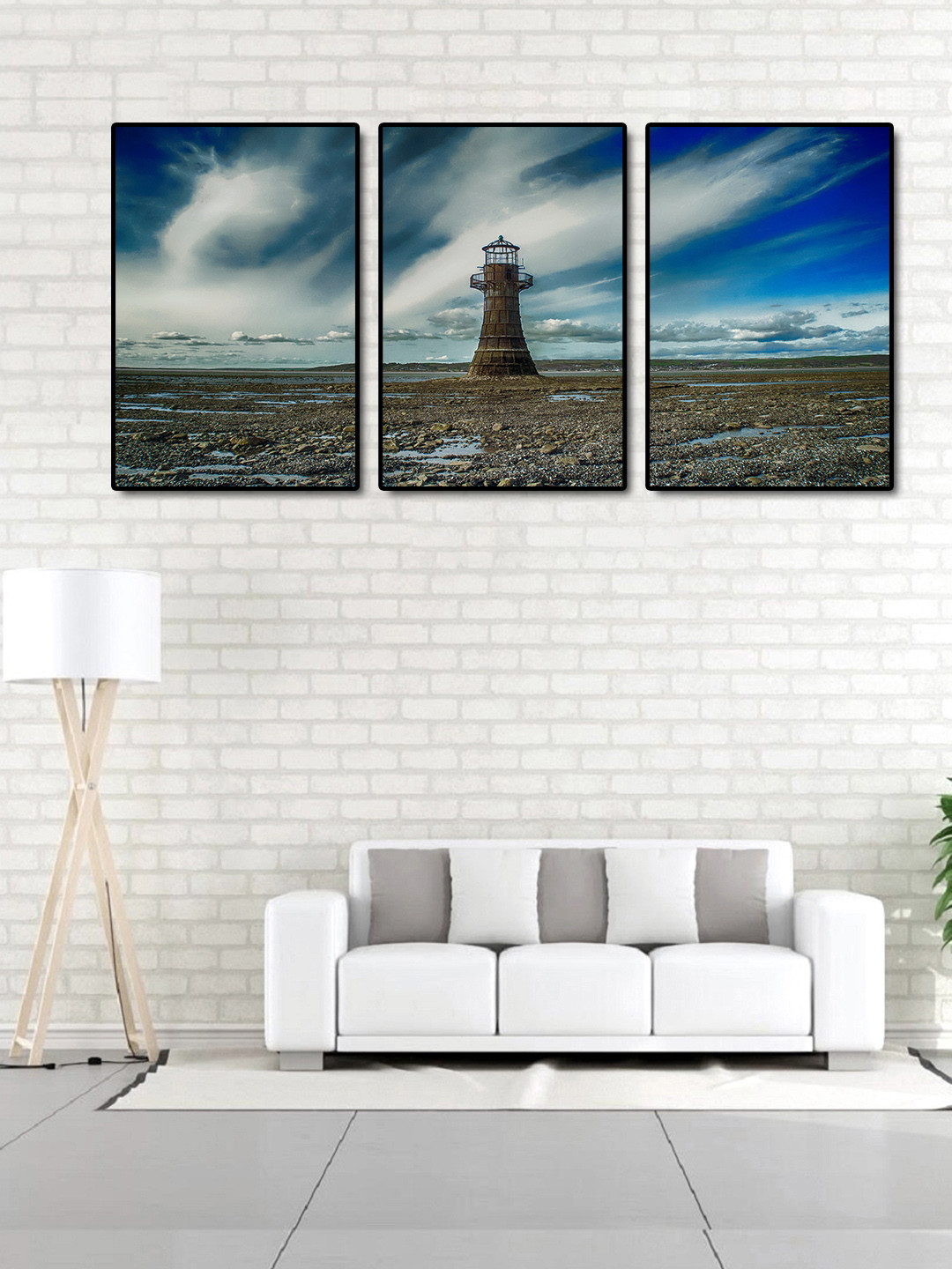 999Store Set Of 3 Grey & Brown Sea Tower Hand-Painted Wall Art