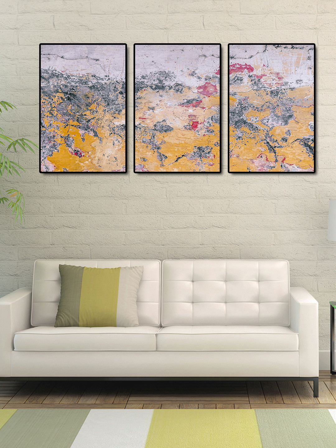 999Store Set of 3 Grey & Mustard Yellow Abstract Wall Art