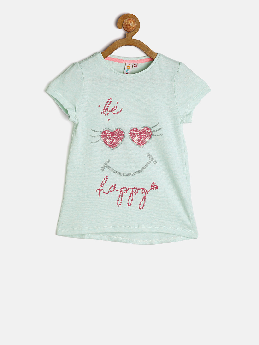 Kids On Board Girls Mint Green Printed Round Neck Pure Cotton T-shirt