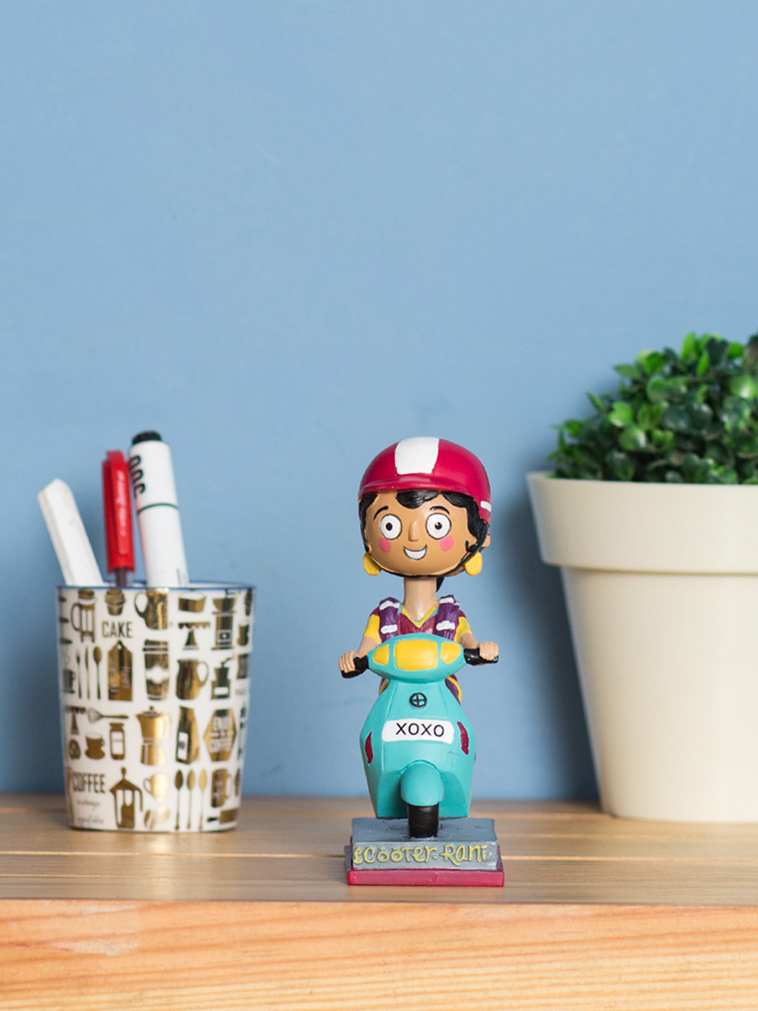 Chumbak Scooty Pai Bobble Head Blue Polyresin Glossy Home Office Small Showpiece - 5.9 Inches