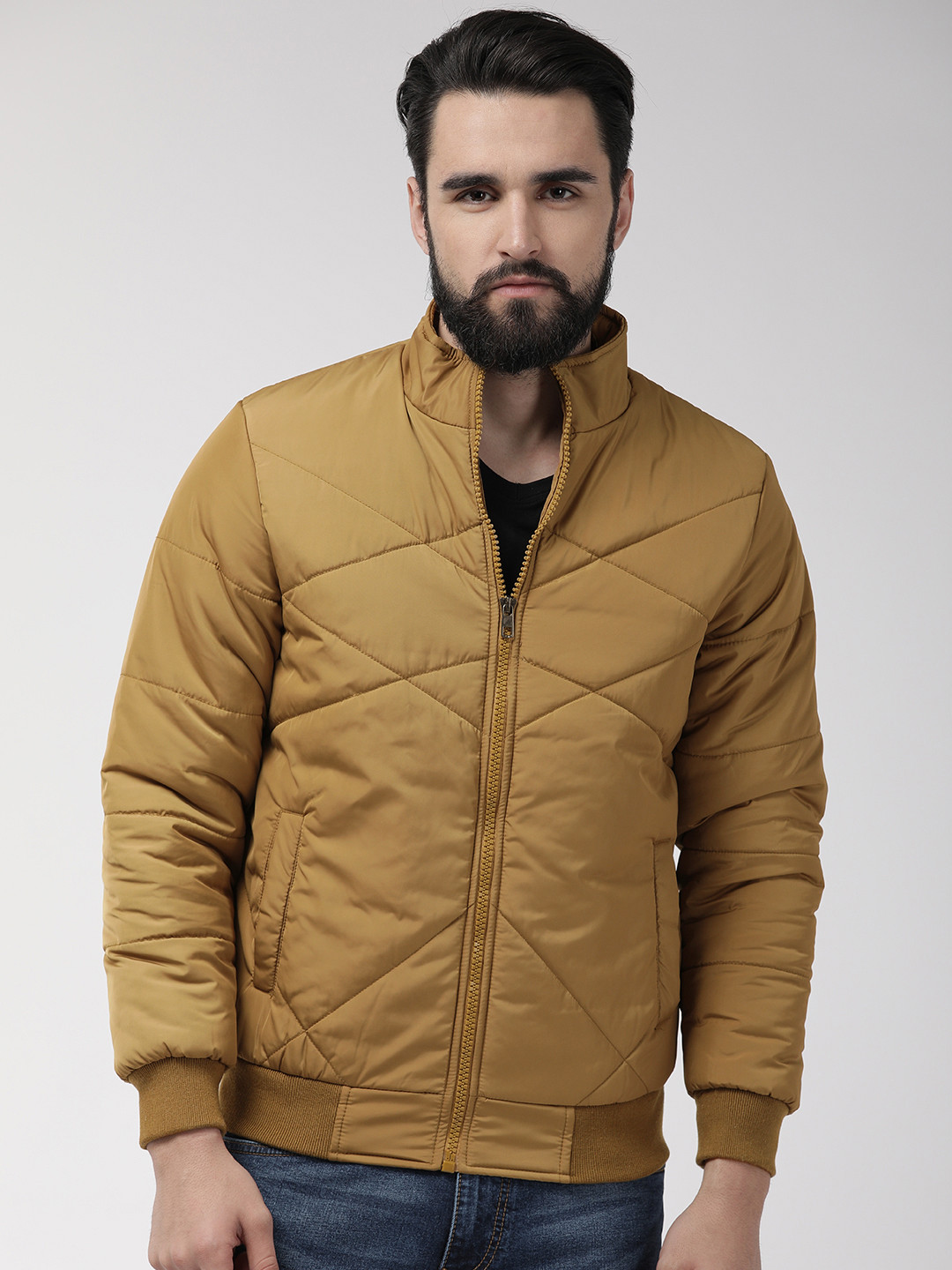 Men Beige Solid Bomber Jacket - Jackets 