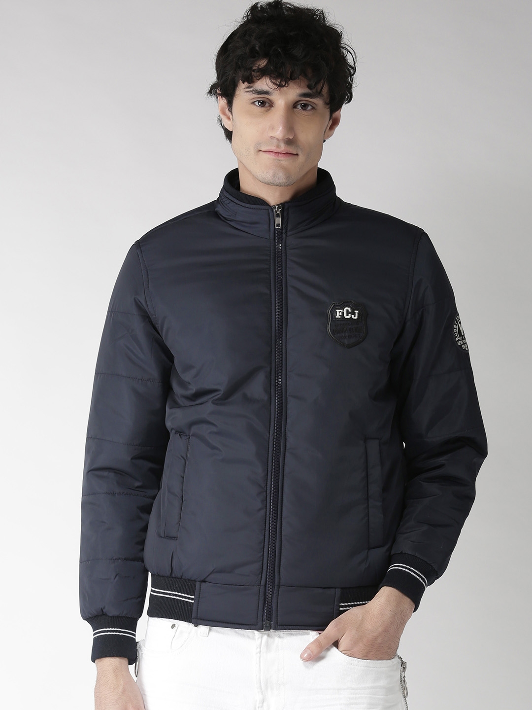 Fort Collins Men Navy Blue Solid Bomber Jacket