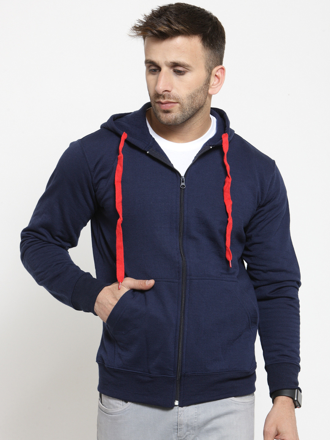 SCOTT INTERNATIONAL Men Navy Blue Solid Hooded Sweatshirt