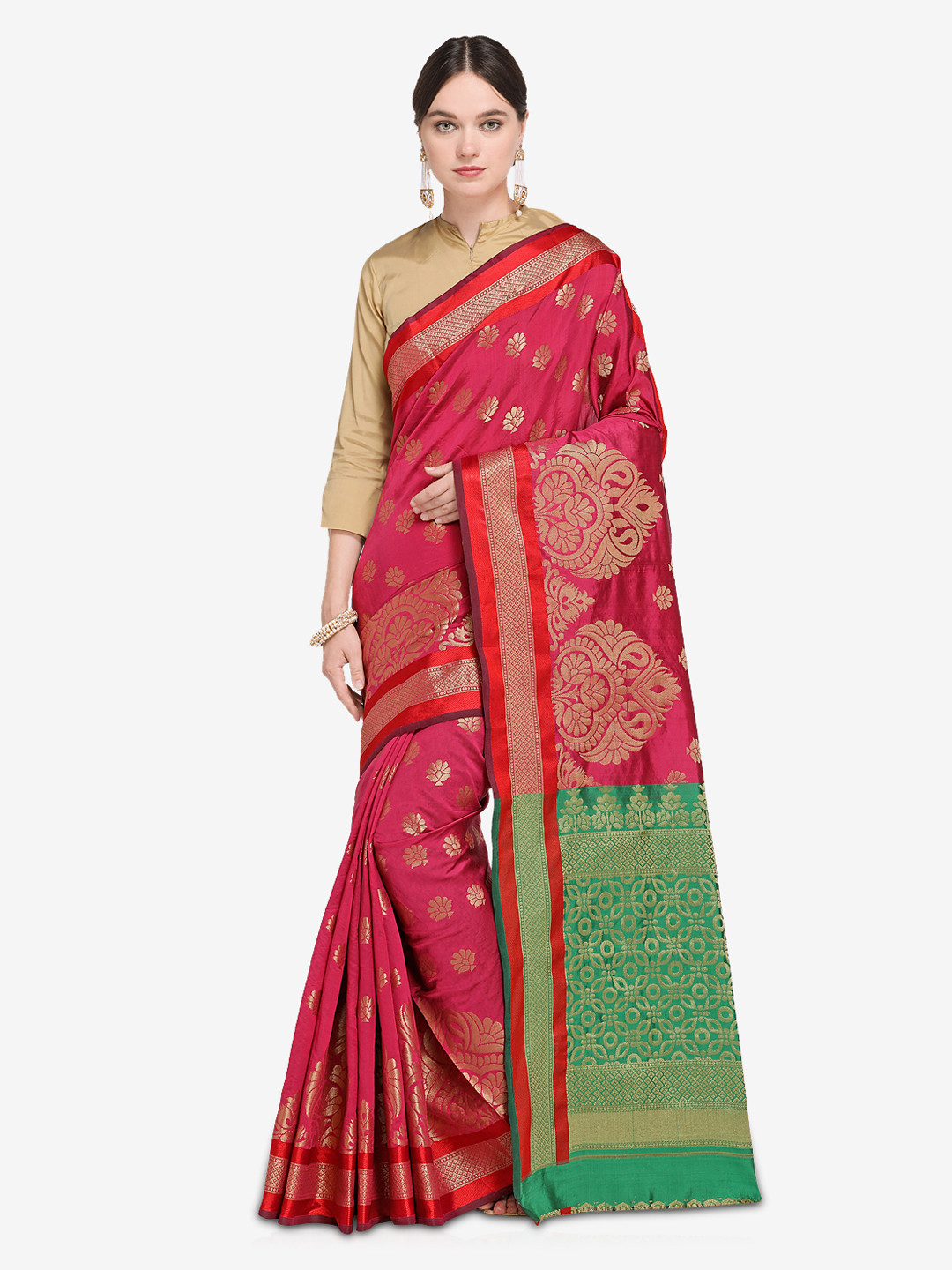 Saree mall Pink & Green Woven Design Kanjeevaram Saree