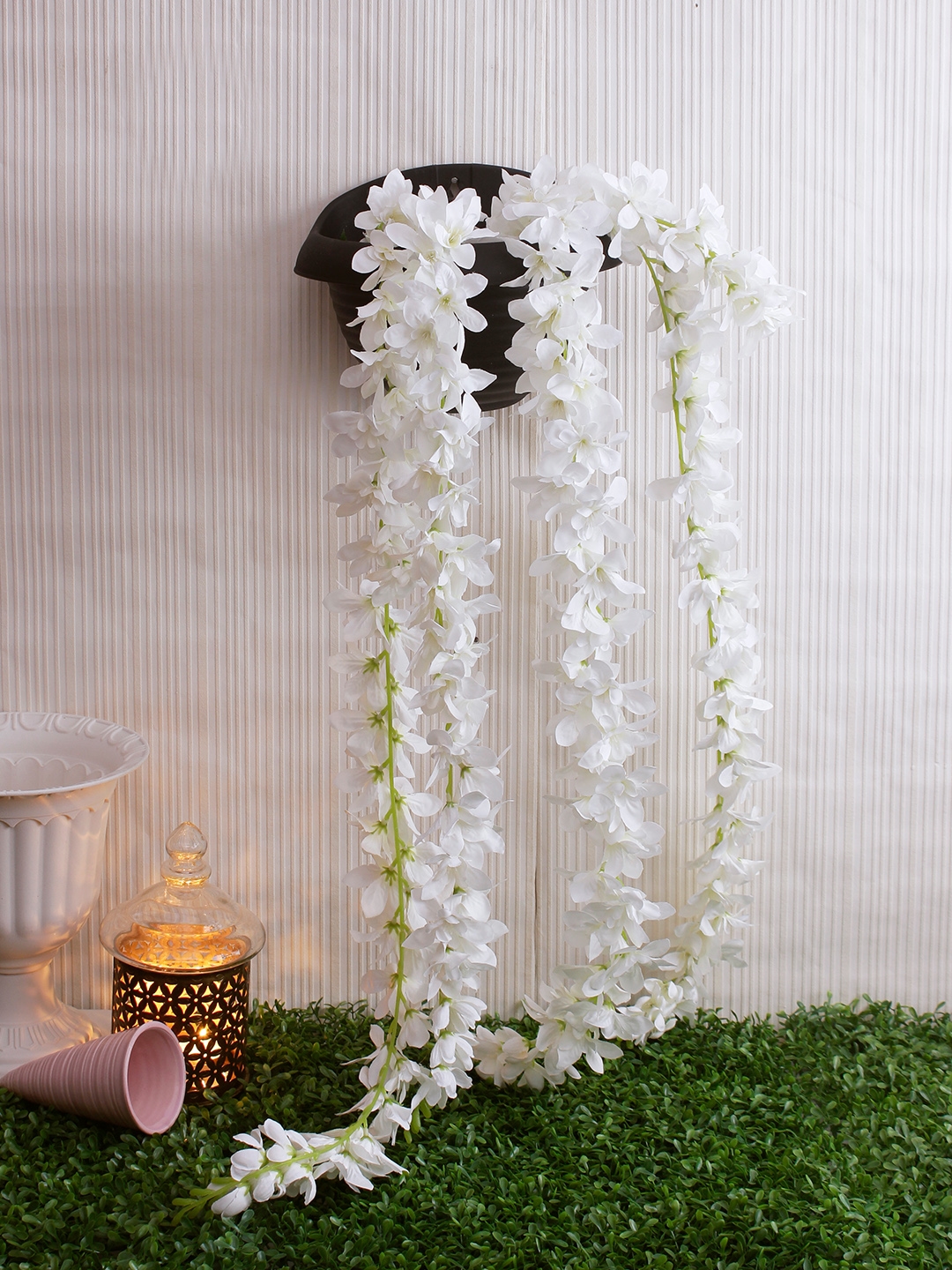 Fourwalls White & Green Artificial Hanging Orchids Flower Bunches