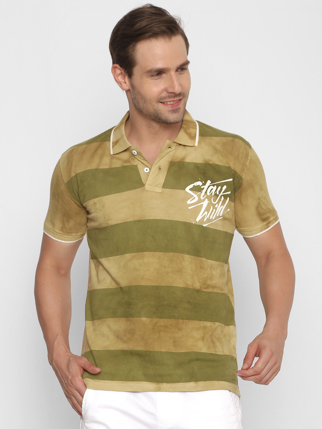 YAK YAK Men Green Striped Polo Collar Slim Fit Pure Cotton T-shirt