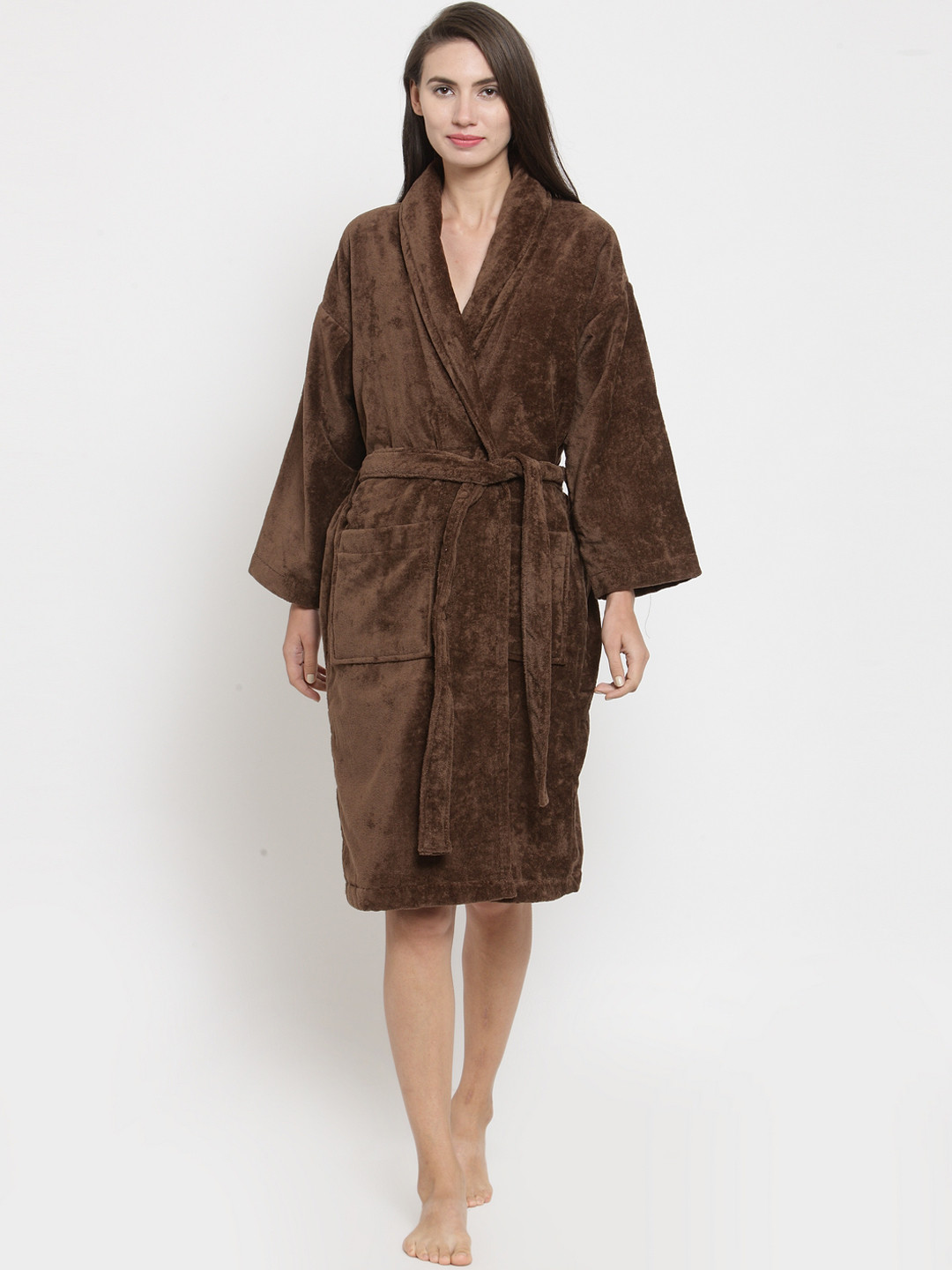 MYTRIDENT Classic Brown Solid Cotton Drawstring Knee Length Bath Robe-M