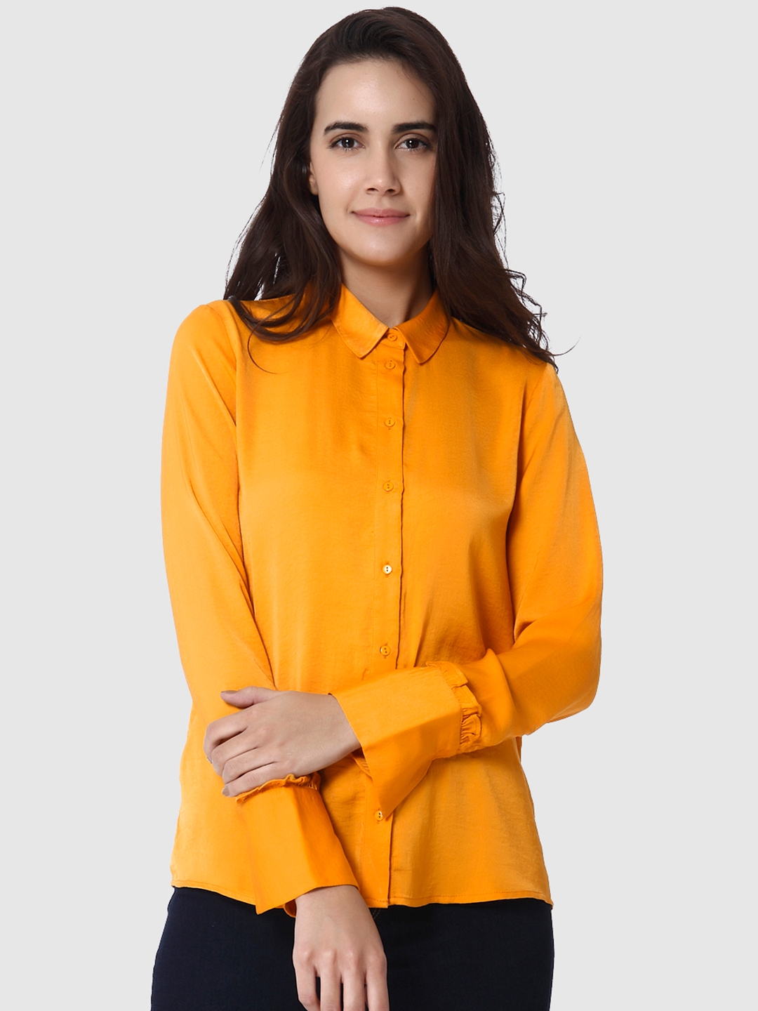 Vero Moda Women Mustard Yellow Regular Fit Solid Casual Shirt