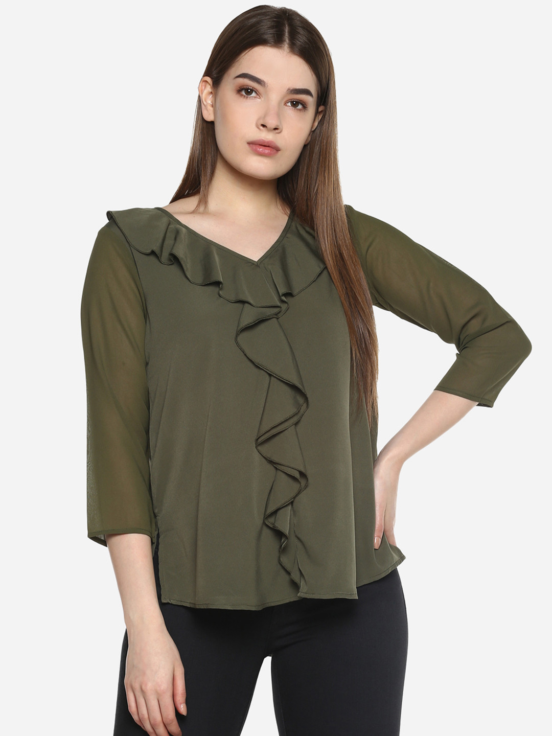 Qurvii Plus Size Olive Green Ruffle Tunic